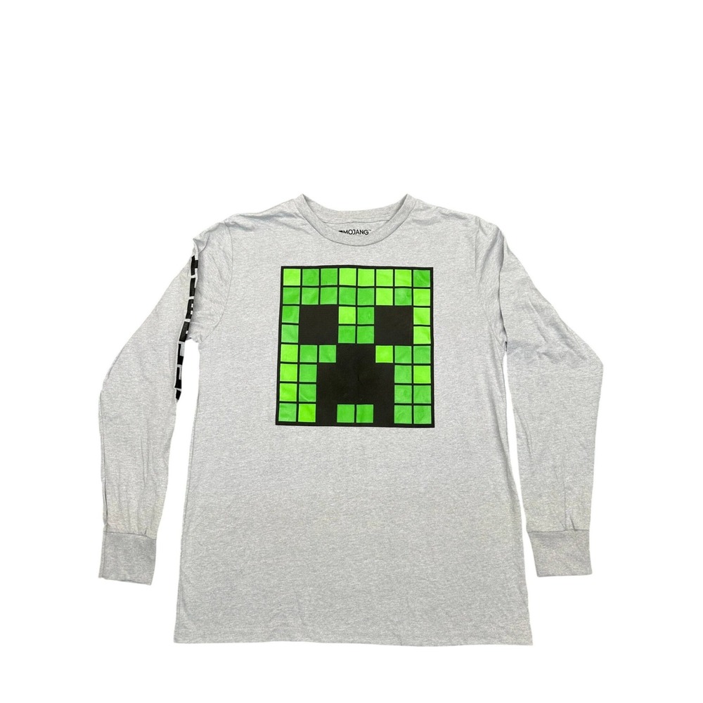 Minecraft Boys XL 18/20‎ Gray Long Sleeve Creeper Graphic Tee Shirt Mojang NWT